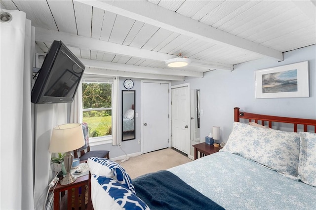 18 W St, Hopkinton, RI 02804 - bedroom featuring carpet floors, beam ceiling, baseboards, and wood ceiling