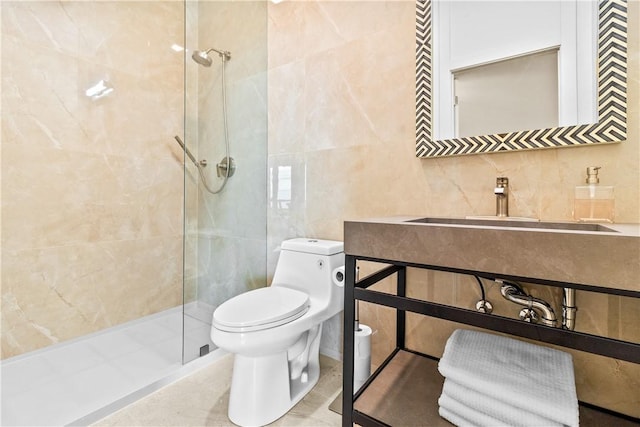 82 Ellery Rd, Newport, RI 02840 - bathroom featuring tile walls, walk in shower, toilet, and a sink