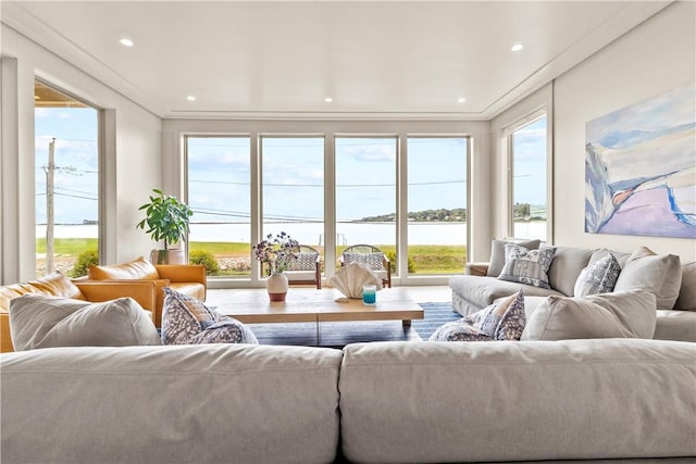 82 Ellery Rd, Newport, RI 02840 - living room featuring a water view, recessed lighting, and ornamental molding