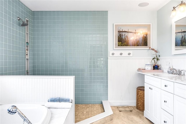 112 Avondale Rd, Westerly, RI 02891 - bathroom featuring walk in shower, a tub, vanity, and tile patterned floors