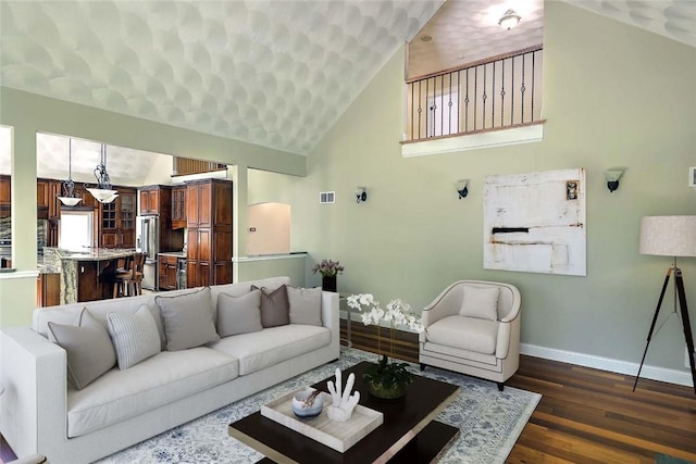 26 Old Richmond Townhouse Rd, Richmond, RI 02812 - living room with baseboards, dark wood finished floors, and high vaulted ceiling