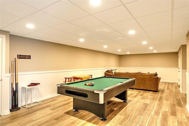 26 Old Richmond Townhouse Rd, Richmond, RI 02812 - game room with billiards, light wood-style floors, a wainscoted wall, a drop ceiling, and recessed lighting