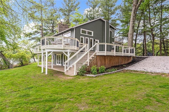 12 Hazel Point Rd, Smithfield, RI 02917 - rear view of house with a deck, a chimney, a yard, and stairway