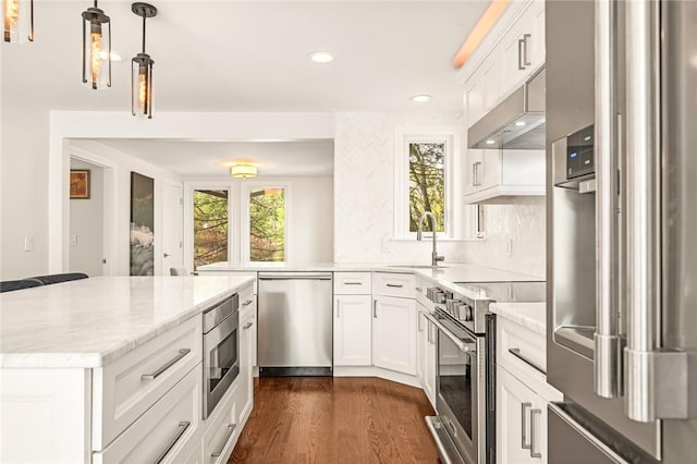 12 Hazel Point Rd, Smithfield, RI 02917 - kitchen featuring appliances with stainless steel finishes, a sink, under cabinet range hood, dark wood-style flooring, and recessed lighting