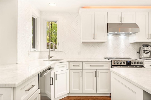 12 Hazel Point Rd, Smithfield, RI 02917 - kitchen with under cabinet range hood, a sink, stainless steel appliances, white cabinets, and light stone countertops