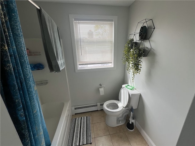 full bath with a baseboard heating unit, tile patterned floors, baseboards, and toilet
