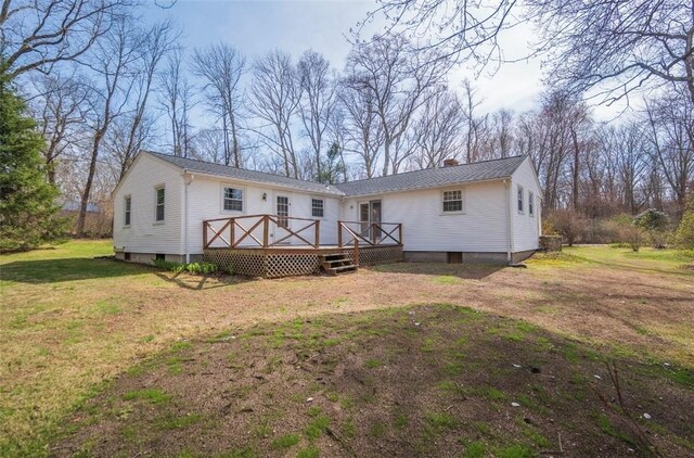 247 Quaker Ln, Scituate, RI 02857 - back of house featuring a deck, a yard, and a chimney