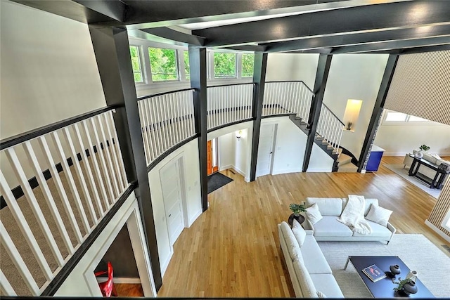 stairway featuring wood finished floors and healthy amount of natural light