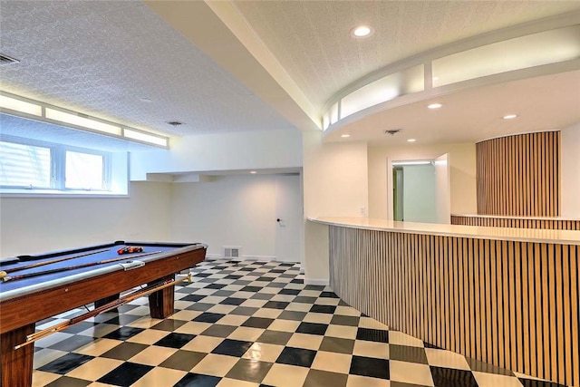 rec room featuring tile patterned floors, billiards, recessed lighting, and baseboards