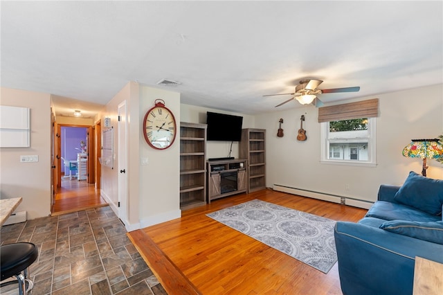 211 Iroquois Rd, Cumberland, RI 02864 - living room with a baseboard heating unit, ceiling fan, and baseboards