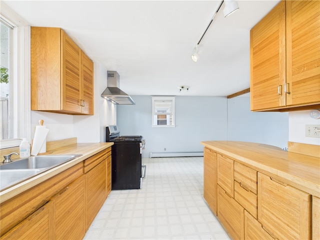 kitchen with stainless steel range with gas cooktop, wall chimney exhaust hood, light floors, a sink, and a baseboard radiator