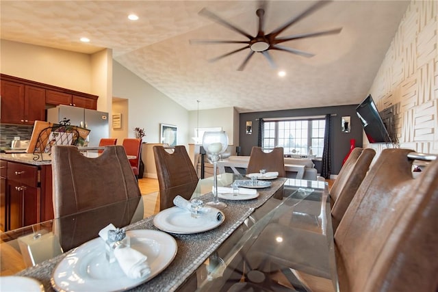 10 Flanders St, Johnston, RI 02919 - dining space featuring ceiling fan, vaulted ceiling, baseboards, recessed lighting, and light wood-style flooring