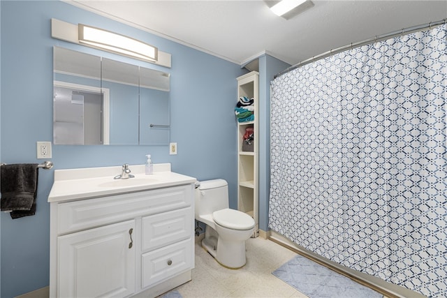 2 Sando St, Pawtucket, RI 02860 - bathroom with tile patterned floors, toilet, ornamental molding, vanity, and curtained shower