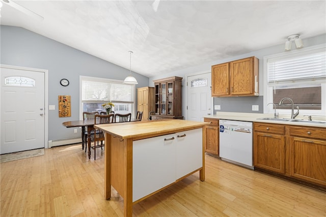2 Sando St, Pawtucket, RI 02860 - kitchen featuring dishwasher, a sink, a baseboard heating unit, vaulted ceiling, and light wood-style flooring