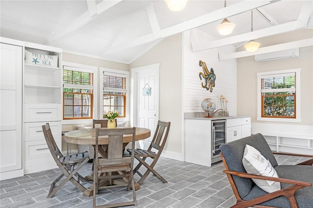 286 Kingstown Rd, Narragansett, RI 02882 - dining space featuring beverage cooler, a wall mounted air conditioner, and bar area