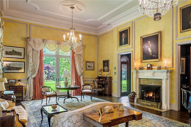 14 Leroy Ave, Newport, RI 02840 - living area with a chandelier, wood finished floors, a premium fireplace, and crown molding