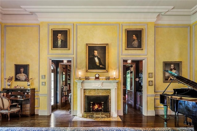 14 Leroy Ave, Newport, RI 02840 - living room with dark wood finished floors, a high end fireplace, and crown molding