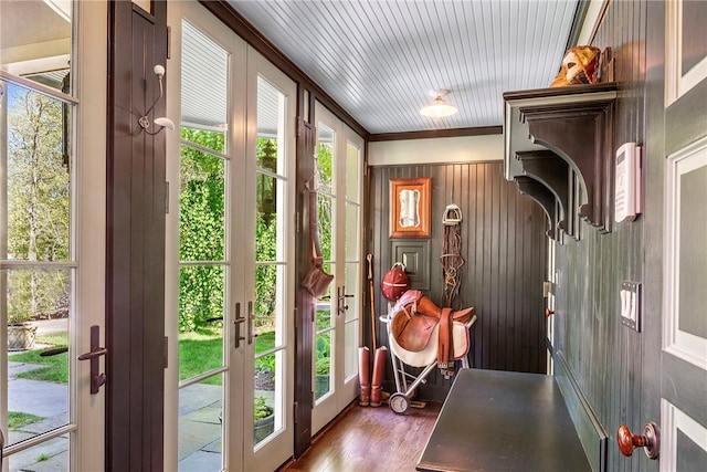 14 Leroy Ave, Newport, RI 02840 - doorway to outside featuring wood finished floors, crown molding, french doors, and wooden walls