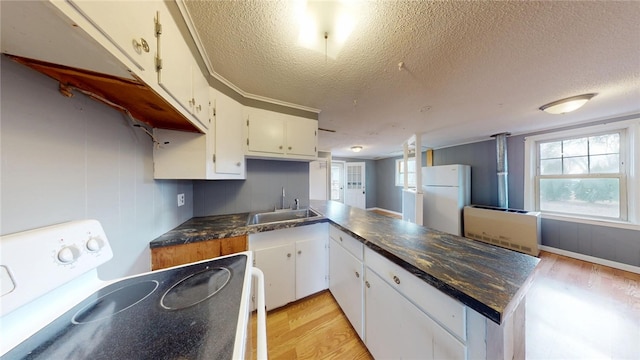 226 Marshall Ave, Cumberland, RI 02864 - kitchen with electric range oven, freestanding refrigerator, light wood-style floors, a textured ceiling, and a sink
