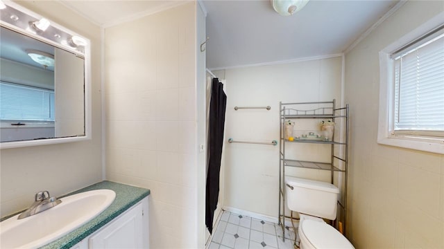 226 Marshall Ave, Cumberland, RI 02864 - bathroom featuring vanity, toilet, tile walls, a shower with shower curtain, and crown molding