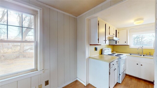 226 Marshall Ave, Cumberland, RI 02864 - kitchen featuring electric range, under cabinet range hood, a sink, crown molding, and light countertops
