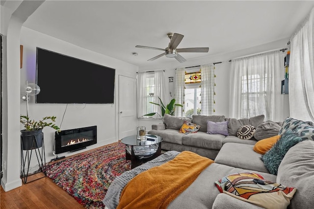 54 Delway Rd, East Providence, RI 02914 - living room with a ceiling fan, wood finished floors, and a glass covered fireplace