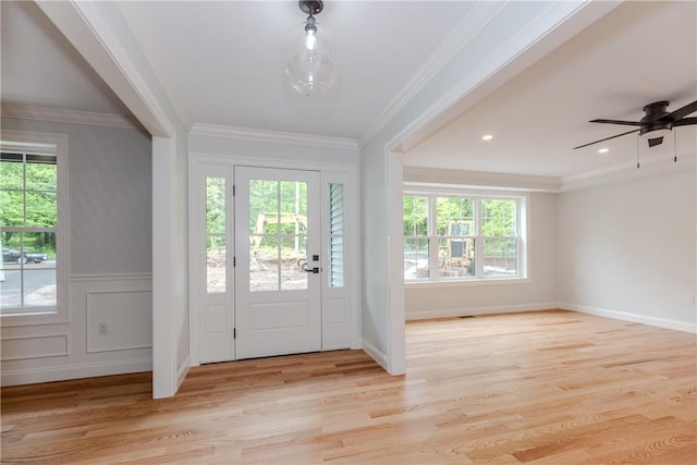 300 Tower Hill Rd, Cumberland, RI 02864 - entryway featuring plenty of natural light, light wood-style floors, crown molding, ceiling fan, and baseboards