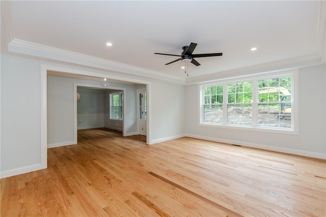 300 Tower Hill Rd, Cumberland, RI 02864 - spare room with ornamental molding, light wood-style flooring, baseboards, a ceiling fan, and recessed lighting