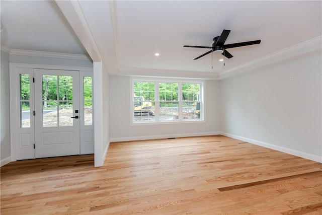 300 Tower Hill Rd, Cumberland, RI 02864 - entrance foyer with healthy amount of natural light, crown molding, baseboards, a ceiling fan, and light wood-style floors