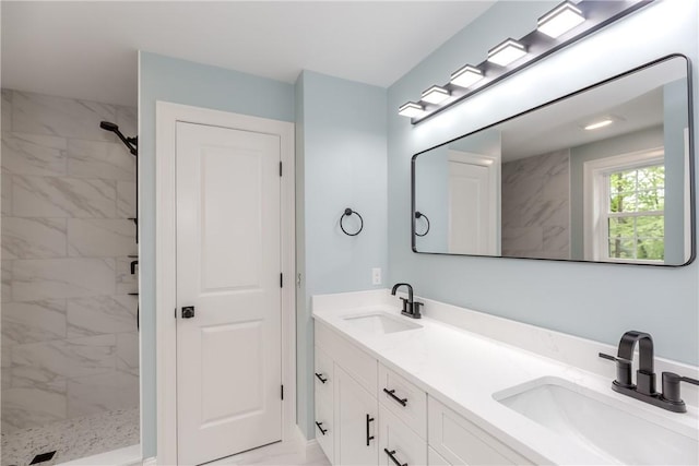 300 Tower Hill Rd, Cumberland, RI 02864 - full bath with marble finish floors, double vanity, and a tile shower