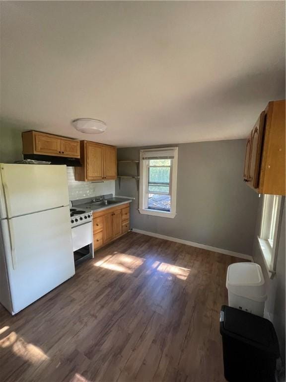 8 Aldrich St, Hopkinton, RI 02898 - kitchen with white appliances, dark wood finished floors, baseboards, open shelves, and brown cabinets