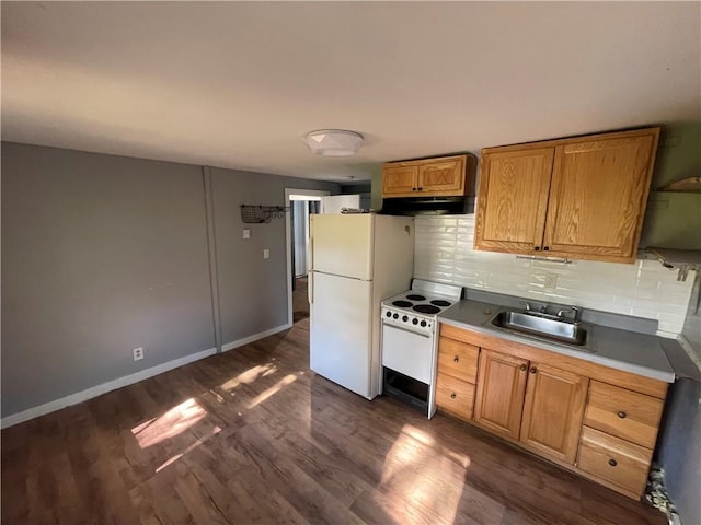 8 Aldrich St, Hopkinton, RI 02898 - kitchen with white appliances, a sink, dark wood-type flooring, decorative backsplash, and under cabinet range hood