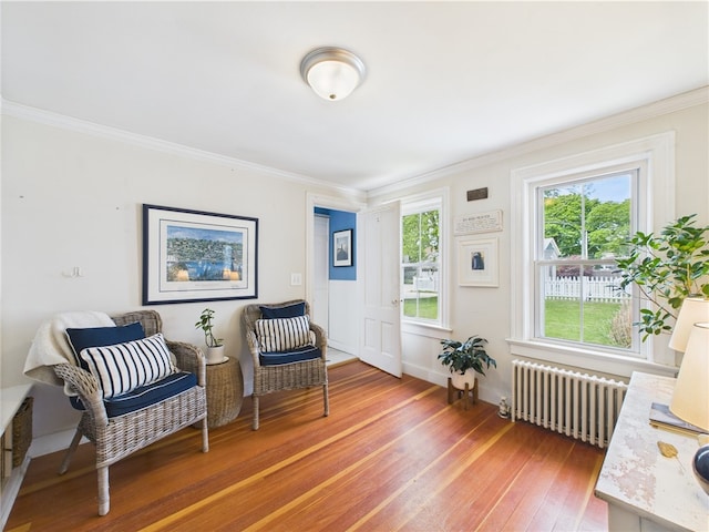 39 Union St, East Greenwich, RI 02818 - sitting room featuring radiator heating unit, light wood-style flooring, and crown molding