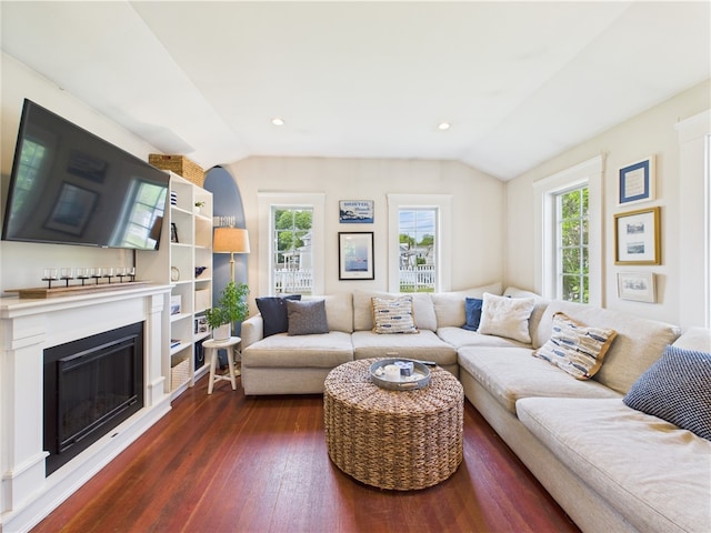 39 Union St, East Greenwich, RI 02818 - living room with lofted ceiling, healthy amount of natural light, wood-type flooring, and a glass covered fireplace