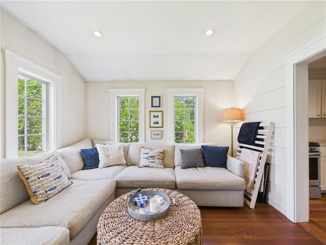 39 Union St, East Greenwich, RI 02818 - living room featuring lofted ceiling, dark wood-style flooring, and recessed lighting
