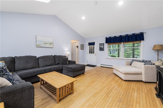 31 Corey Trl, Richmond, RI 02898 - living room featuring a baseboard radiator, light wood-style flooring, high vaulted ceiling, and recessed lighting