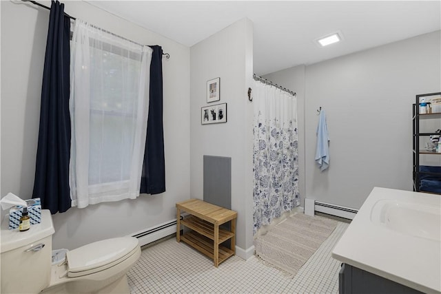 31 Corey Trl, Richmond, RI 02898 - full bathroom featuring a baseboard heating unit, toilet, vanity, and tile patterned flooring