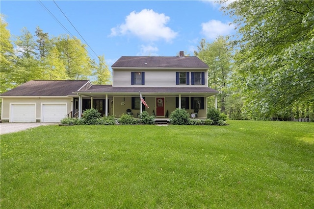 31 Corey Trl, Richmond, RI 02898 - view of front of property with covered porch, a garage, a front lawn, and a chimney