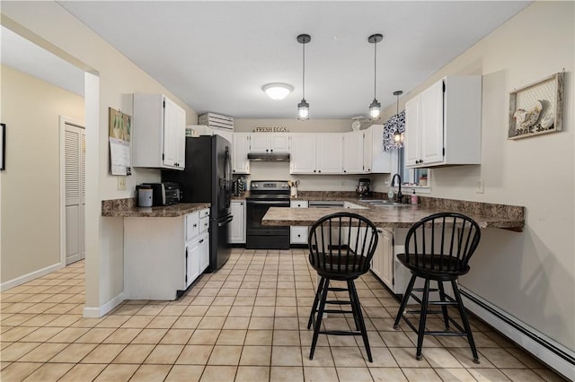 31 Corey Trl, Richmond, RI 02898 - kitchen with electric range, a sink, a peninsula, under cabinet range hood, and dark countertops