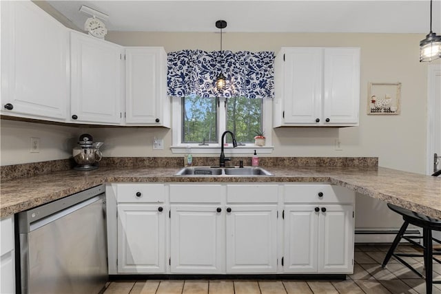 31 Corey Trl, Richmond, RI 02898 - kitchen featuring dishwasher, a sink, white cabinets, and decorative light fixtures