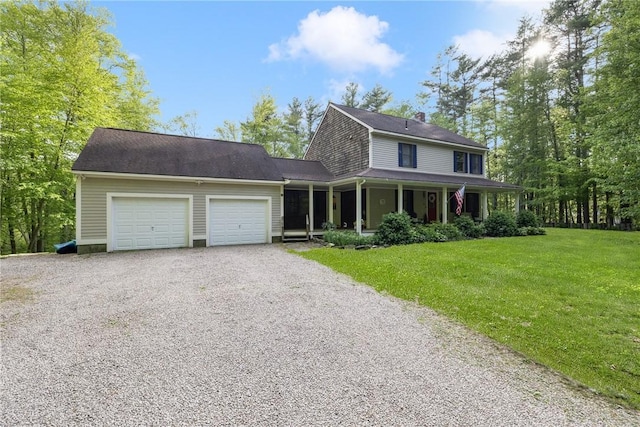 31 Corey Trl, Richmond, RI 02898 - farmhouse inspired home with gravel driveway, a garage, a front lawn, covered porch, and a chimney