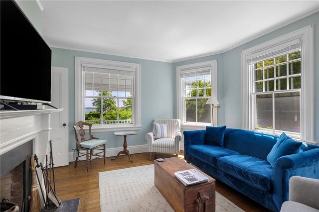 125 Sakonnet Point Rd, Little Compton, RI 02837 - living area featuring a fireplace with flush hearth, crown molding, wood finished floors, and baseboards