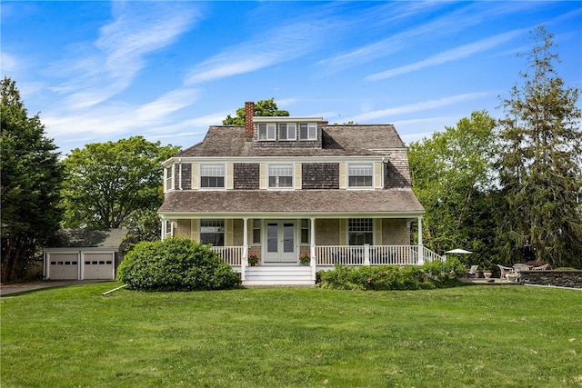 125 Sakonnet Point Rd, Little Compton, RI 02837 - view of front of house with a porch, a front lawn, a chimney, and asphalt driveway