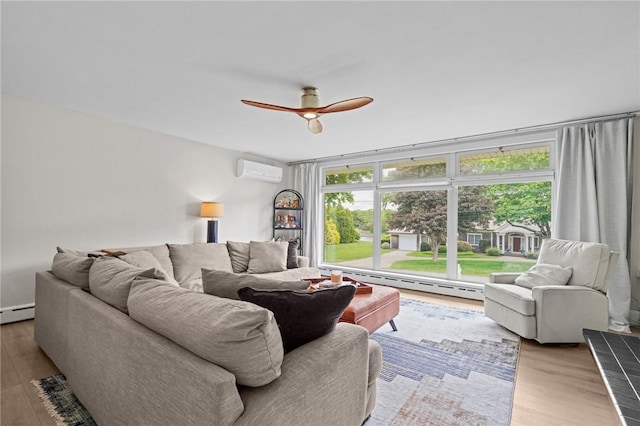 96 Roger Williams Dr, North Kingstown, RI 02852 - living room with an AC wall unit, a baseboard radiator, wood finished floors, and ceiling fan