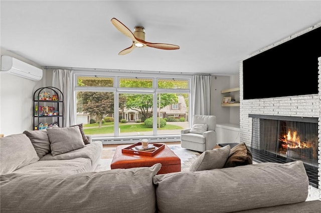 96 Roger Williams Dr, North Kingstown, RI 02852 - living area with a brick fireplace, a wall mounted AC, ceiling fan, and healthy amount of natural light