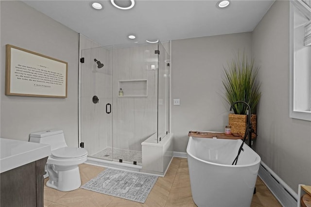 96 Roger Williams Dr, North Kingstown, RI 02852 - full bath featuring a baseboard heating unit, vanity, a freestanding bath, a shower stall, and recessed lighting
