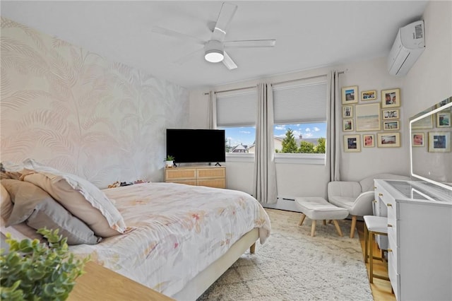 96 Roger Williams Dr, North Kingstown, RI 02852 - bedroom featuring wallpapered walls, a wall mounted air conditioner, light wood finished floors, ceiling fan, and a baseboard radiator