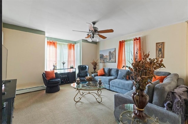 97 Detroit Ave, Providence, RI 02907 - living area with a baseboard radiator, plenty of natural light, a ceiling fan, and carpet floors
