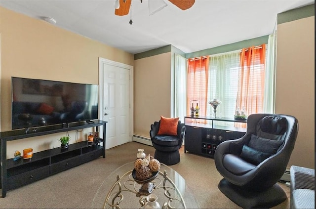 97 Detroit Ave, Providence, RI 02907 - living area with ceiling fan, carpet, and a baseboard heating unit