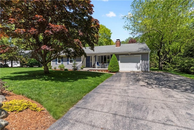 539 Allen Ave, South Kingstown, RI 02879 - ranch-style house with a porch, an attached garage, driveway, a front yard, and a chimney